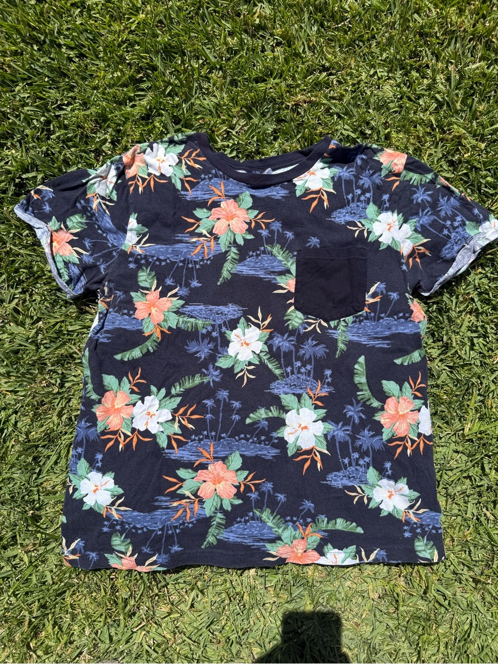 Divided Navy Floral Pocket Tee with Tropical Print